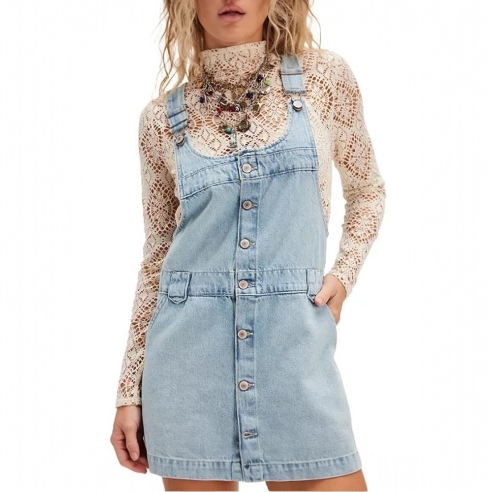 NWT FREE PEOPLE We The Free Edie Denim Skirtall Mini Dress XS Apple Blues